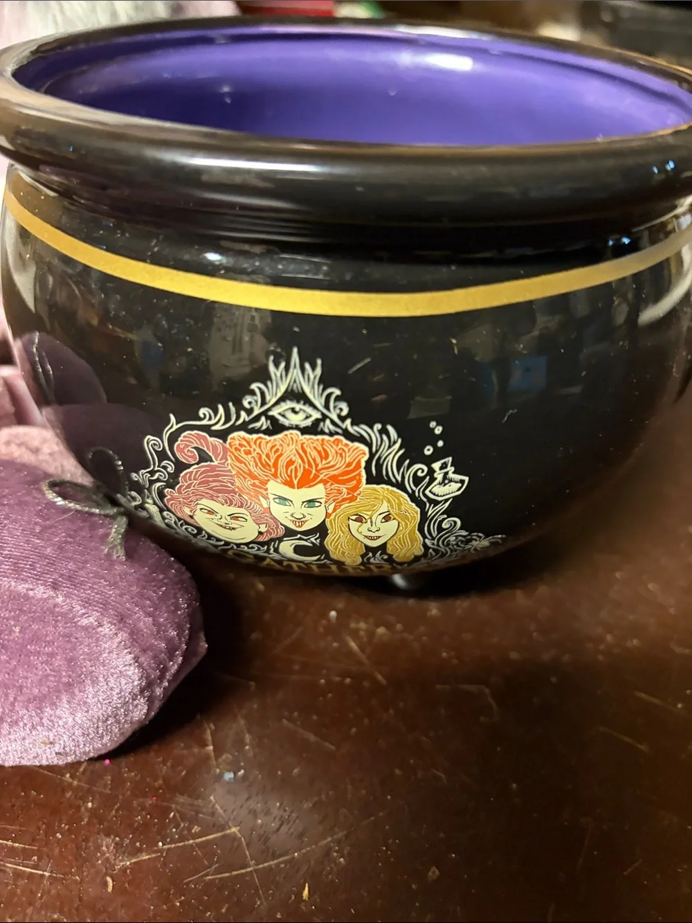 Disney Hocus Pocus Black and Purple Cauldron Planter with Gold Accent